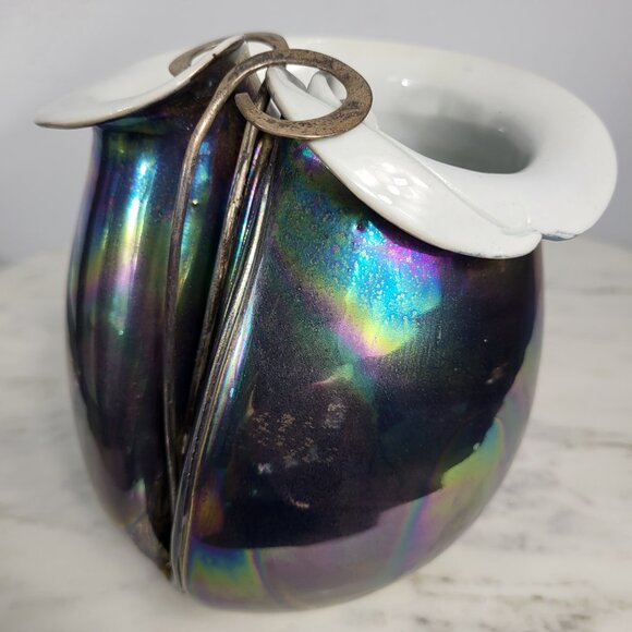 STUNNING VINTAGE IRIDESCENT STERLING SILVER FOLD OVER POTTERY CERAMIC VASE DISH - Picture 8 of 16